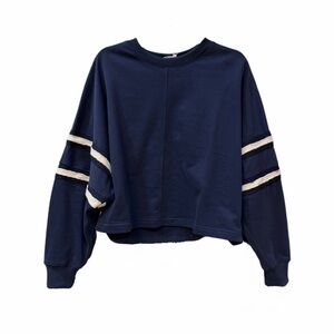 Cropped Navy Sweatshirt with Striped Sleeves